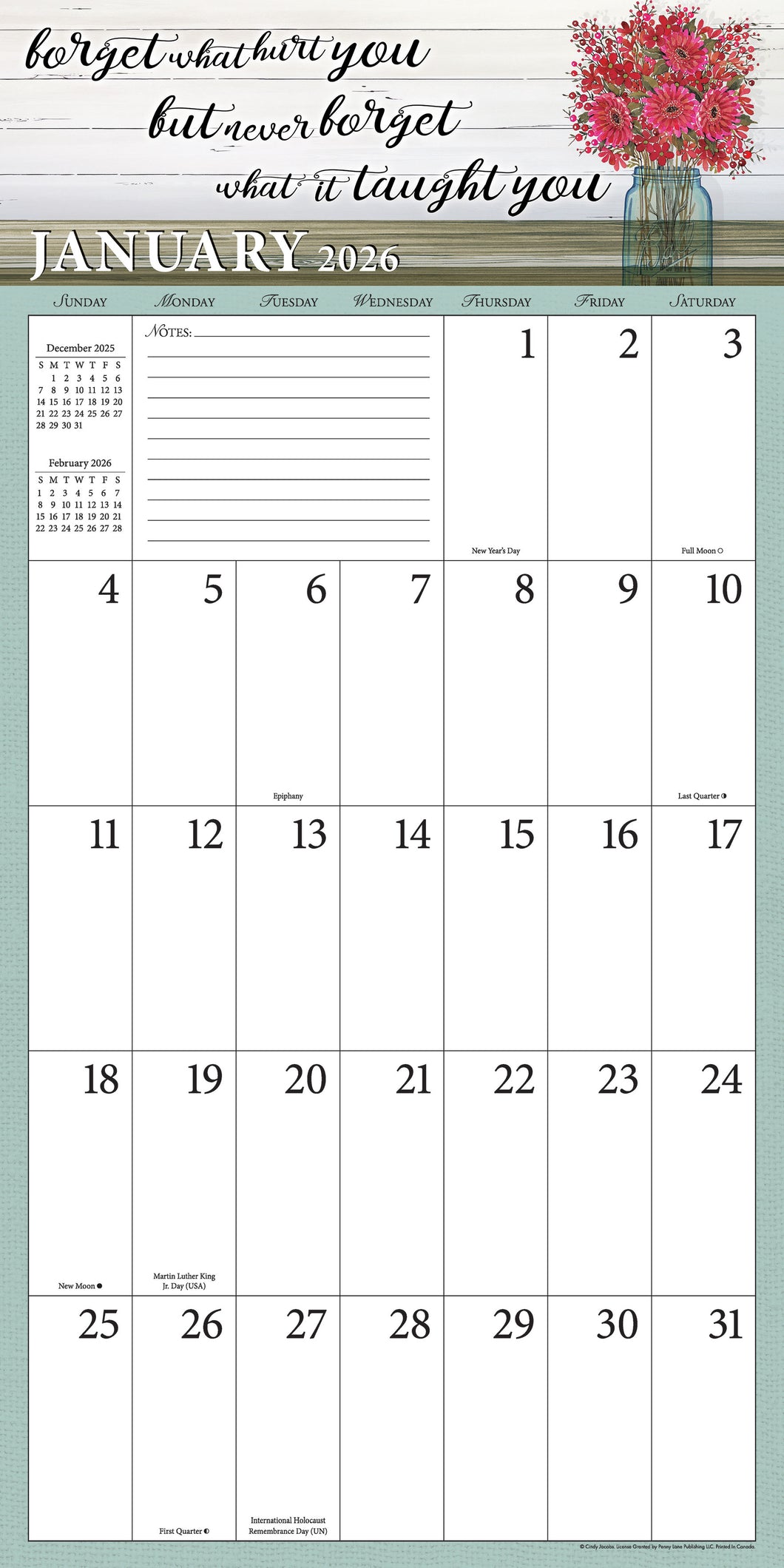 LARGE GRID - Life Is Brighter 2026 (Item #LG02) - 12x24 Refill Sheet Calendar - BONUS POCKET PLANNER & BOOKMARK WHILE QUANTITIES LAST